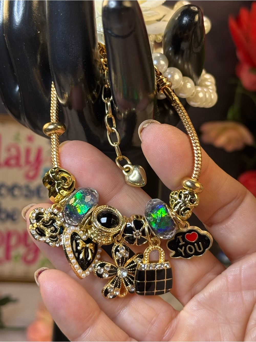 Gold-Tone Black & Green Charm Bracelet Necklace - I Love You Pendant